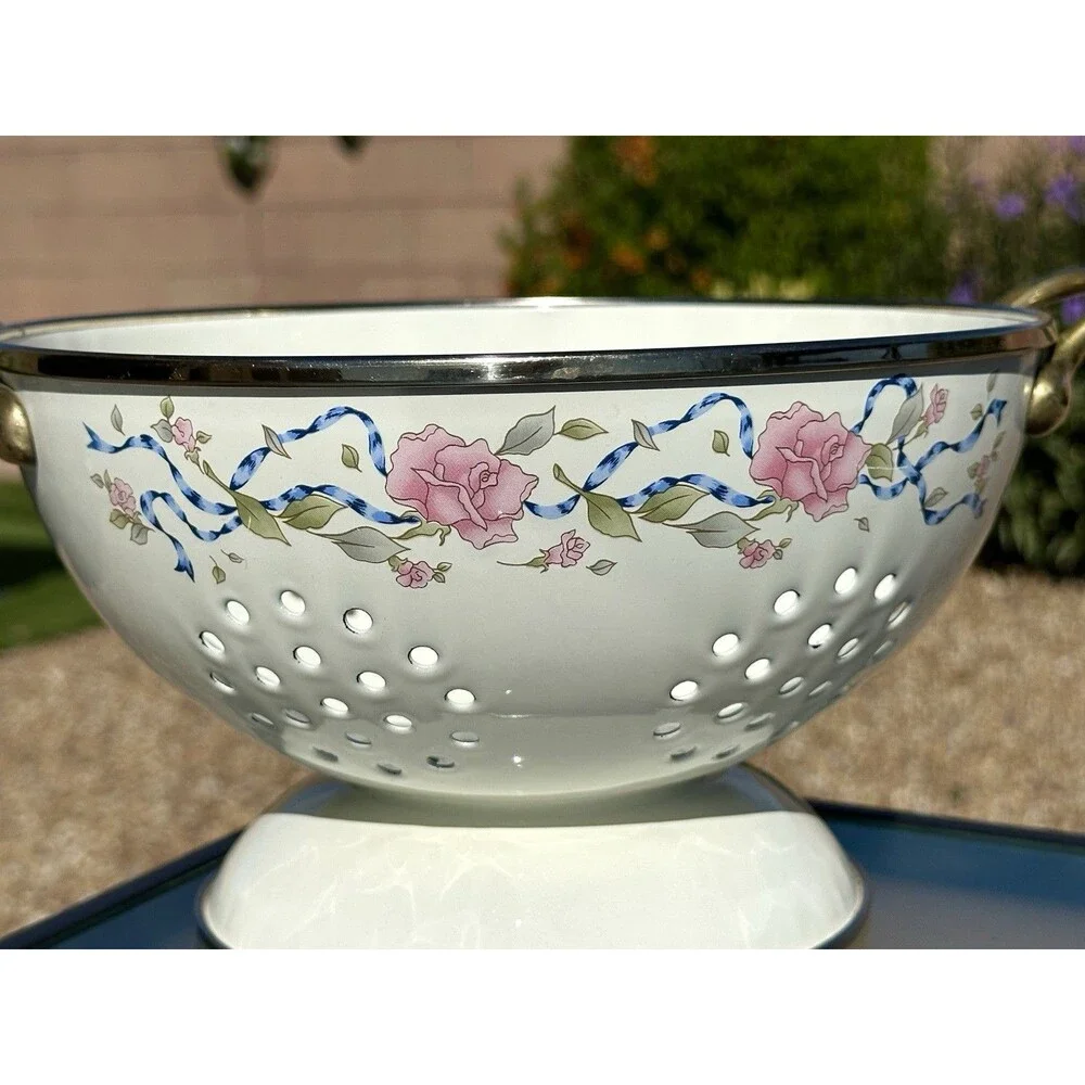 Vintage Enamel Pedestal Colander Strainer Brass Handles Pink Roses Blue Ribbon